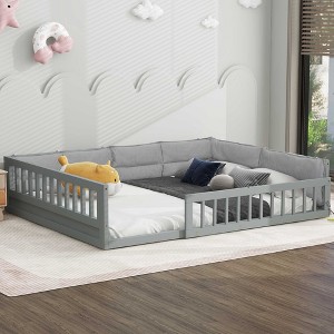 Gulches Wood Full Size Upholstered Platform Bed with Guardrail and Pillow, Gray - 1 of 4