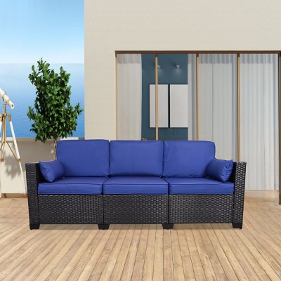 Modern Outdoor Patio 3 Seater Wicker Chaise Sofa,Metal Outdoor Garden Rattan Woven 3 Seater Sectional Couch,Cover Non-Slip Cushion-Coolbibila