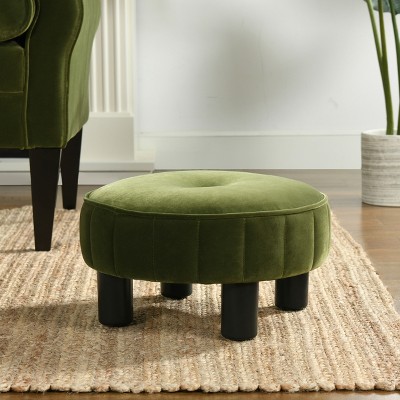 Riley 16in Round Footstool Ottoman, Olive Green Performance Velvet