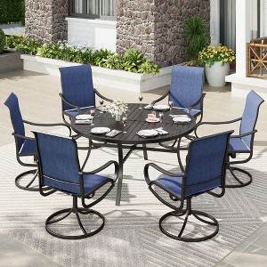 Captiva Designs 7pc Black Round Slatted Steel Table with Umbrella Hole & Textilene Swivel Chairs - 1 of 4