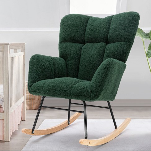 Epping Accent Modern Armrest Green Faux Shearling Fabric Upholstered Nursery Glider Rocker Wingback Chair Rocking Chairs Maison Boucle