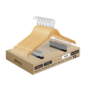 BP4U 12 Pack Premium Wooden Suit Hangers with Adjustable Clips, Solid Wood Skirt & Pant Hangers with 360° Swivel Hook, Space-Saving Design - 1 of 4