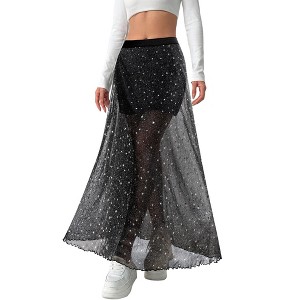 Nlife Women's 2 In 1 Lace Sheer Mesh Rave Skirt Star Print Elastic High Waist A Line Maxi Skirt Black M - 1 of 4