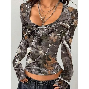 Clotth Women's Camouflage Top - U-Neck Long Sleeve T-Shirt, Slim Fit Maple Leaf Pattern, Dressy Casual Y2k Women's Tops, Camouflage - 1 of 4