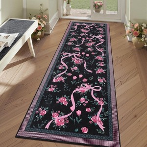 Acekool [Green Pink] Floral Print Runner Rug, Washable Low Pile Non-Slip Carpet for Entryway, Kitchen, Nursery & Playroom [2x6 Ft] - 1 of 4
