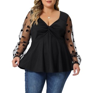 Agnes Orinda Women's Plus Size Heart Sheer Long Sleeve Mesh V Neck Peplum Blouse - 1 of 4