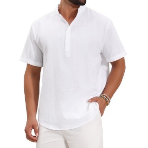 INSPIRE CHIC Men's Henley Solid Color Stand Collar Short Sleeve Linen Shirt - 1 of 4