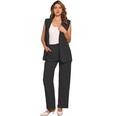 INSPIRE CHIC Women's Outfits Sleeveless Suit and Wide Leg Pants Business Blazer Sets 2 Pcs