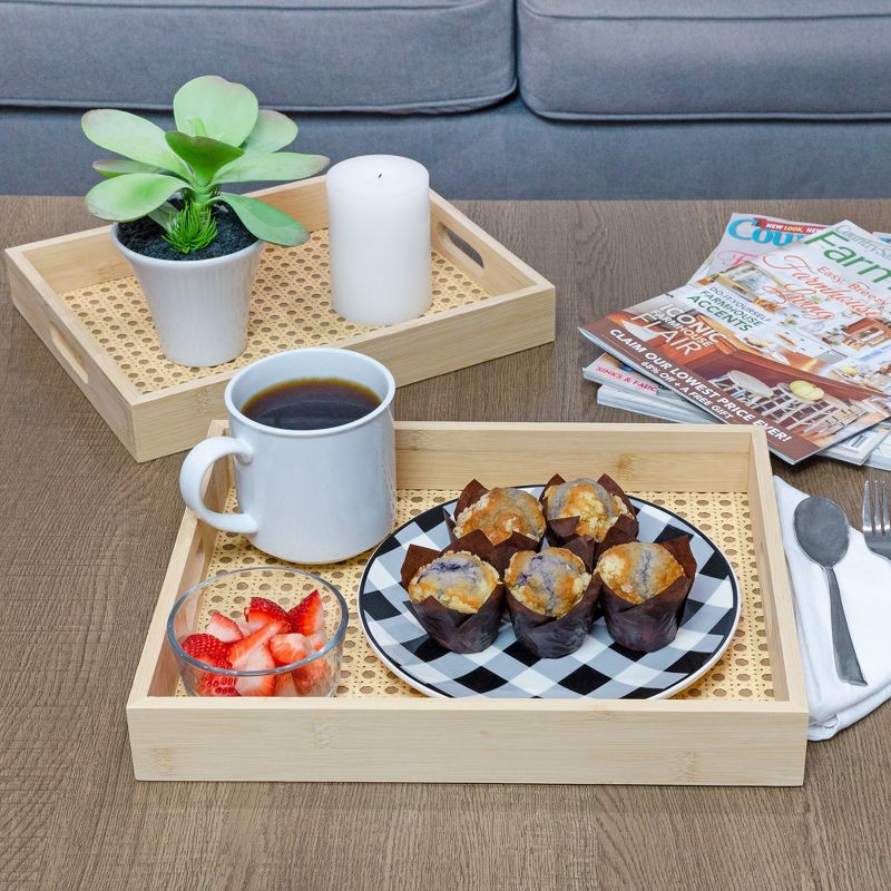 AuldHome Design Ottoman Rattan Breakfast Trays Set of 2; Basket Serving Trays w/ Wooden Frame for Serving Guests, Coffee Break, Breakfast and More, 2 of 9