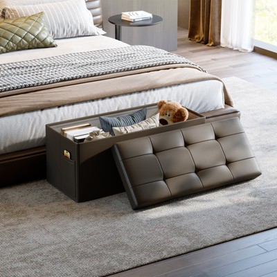 Pinmoco 30" Storage Ottoman Bench Folding Leather Bedroom Storage Bench with White Blanket and Side Pocket for Entryway Living Room