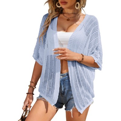 Womens Short Sleeve Cardigan Beach Cover Up Hollow-Out Sweater Cardigan Batswing Sleeve Cover Up Lightweight Cardigan