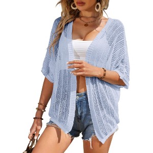 Womens Short Sleeve Cardigan Beach Cover Up Hollow-Out Sweater Cardigan Batswing Sleeve Cover Up Lightweight Cardigan - 1 of 4