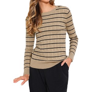 Allegra K Women Striped Round Neck Hollow Long Sleeve Regular Fit Casual Fall Winter Trendy Sweater - 1 of 4