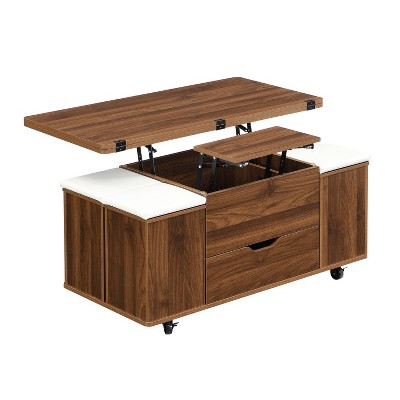 Vynxaria Modern Coffee Table - Multi-Functional Lift-Top with Hidden Storage, 4 Stools (w/Storage) & Lockable Casters, Walnut & White