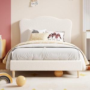 Upholstered Twin Size Bed Frame for Kids with Scallop Headboard, Cute Velvet Twin Bed for Girls, Boys, No Box Spring Needed, Wooden Slats, Noise Free - 1 of 4