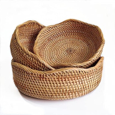 BRINJOY 3-Pack Rattan Bread Basket Set | Round Wicker Storage Bowls for Kitchen Counter, Fruit & Serving Decor