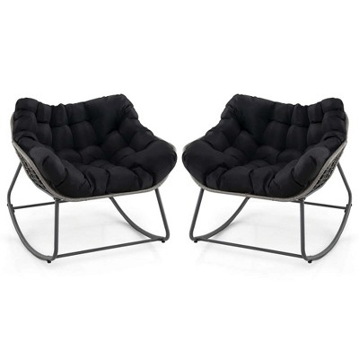 Costway 2 PCS Outdoor Rocking Chair Oversized Patio PE Wicker Egg Chair Rattan Lounge Chair Black