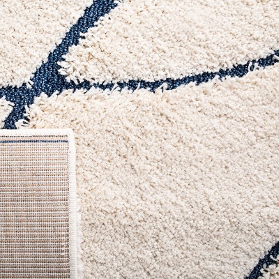 Cream and Blue Hand-Knotted Shag Runner Rug