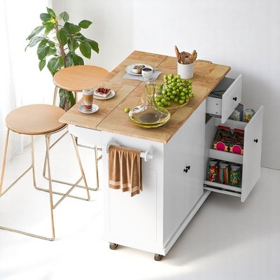 53.9" Rolling Kitchen Island Cart with Drop Leaf, 3-Tier Pull-Out Organizer, Internal Storage Racks,Towel Rack & Lockable Wheels, Kitchen Cabinets