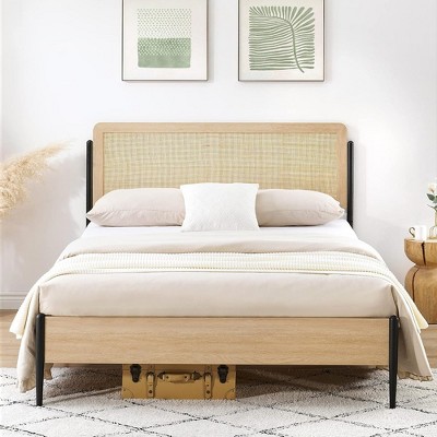 Bed Frame with Headboard - Rattan Platform Bed Frame with Rounded Corner Design & Under Bed Storage, No Box Spring Needed, White Oak