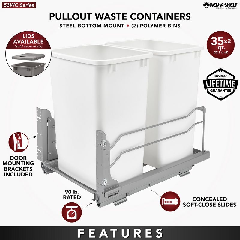 Rev-A-Shelf Double Pull-Out Trash Can for Under Kitchen Cabinets 35 Quart 8.75 Gallon with Soft-Close Slides, 3 of 7