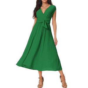 Seta T Women's Casual Sleeveless Wrap V Neck Flowy Ruffle Pleated Midi Dress with Belt Green X-Large Seta T Women's Casual Sleeveless Wrap V Neck Flowy Ruffle Pleated Midi Dress with Belt Green X-Large