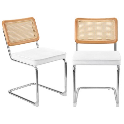 COWLOWN White 2 Piece Mid - Century Rattan Dining Chair Set, Cane Backrest, Upholstered Seats for Home Dining Areas