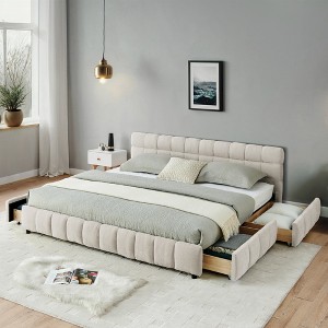KTMBDW King Bed Frame with Headboard, Chenille fabric Upholstered Platform Bed with Wood Slats, with 4 drawers, Soft Rounded Corners - 1 of 4