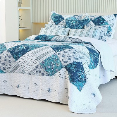 Acoinel Blue Floral Patchwork Quilt Set - 3-Piece Reversible Bedspread with Pillow Shams, Coastal Boho Bedding for Queen Beds (92"x96") — фото 5