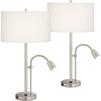 Possini Euro Design Modern Table Lamps Set of 2 with USB Port LED Gooseneck Brushed Nickel White Drum Shade Living Room Bedroom