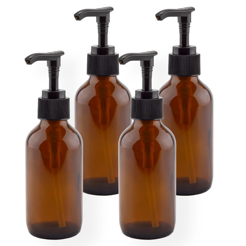 Cornucopia Brands 4oz Amber Glass Pump Bottles 4pk; Great for Lotions, Liquid Soap, Aromatherapy and More, 1 of 9