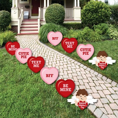 Big Dot of Happiness Conversation Hearts - Cupid and Heart Lawn Decorations - Outdoor Valentine's Day Party Yard Decorations - 10 Piece