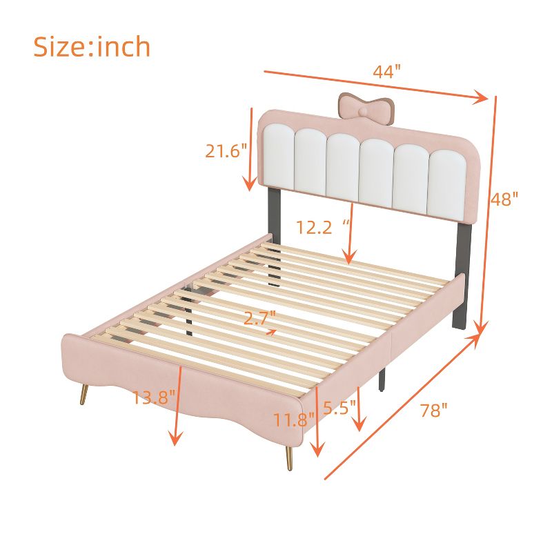 Twin/Full Size Velvet Princess Bed With Bow-Knot Headboard, White+Pink 4A - ModernLuxe, 3 of 8