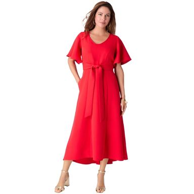 fitted lace wedding dress Women Plus Size Solid Red Round Neck Cutout Crepe Thigh-High Slit Fit & Flare  Maxi Dress main image 0