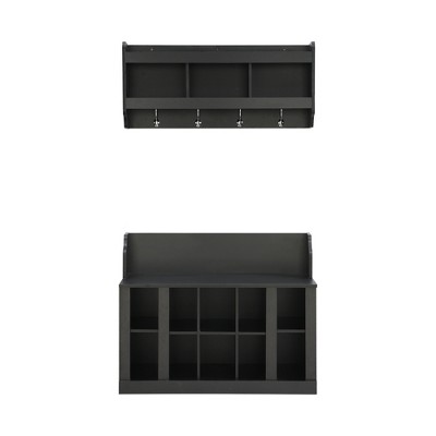 Vynxaria Black Modern Style Freestanding Coat Rack with 7 Metal Hooks and Ample Storage Drawers