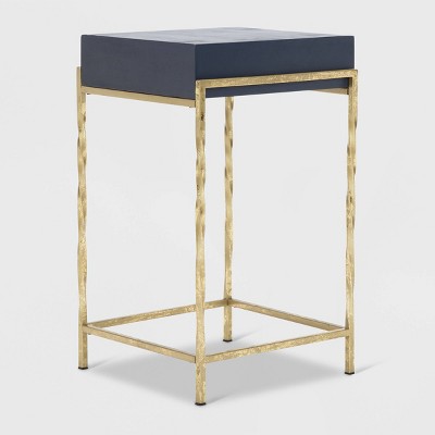 Navy Blue Mango Wood Accent Table with Gold Metal Frame