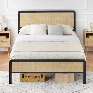 Full/Queen Size Bed Frame With Natural Rattan Headboard and Footboard, Platform With Strong Metal Slats Support - 1 of 4