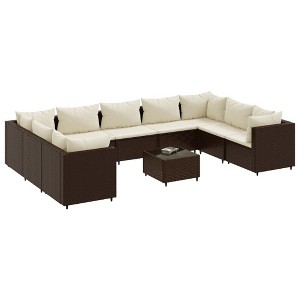 vidaXL 10 Piece Patio Lounge Set w/Cushions - Brown Poly Rattan - Modular Design, Outdoor Garden/Deck Furniture, Steel Frame, Tempered Glass Table - 1 of 4