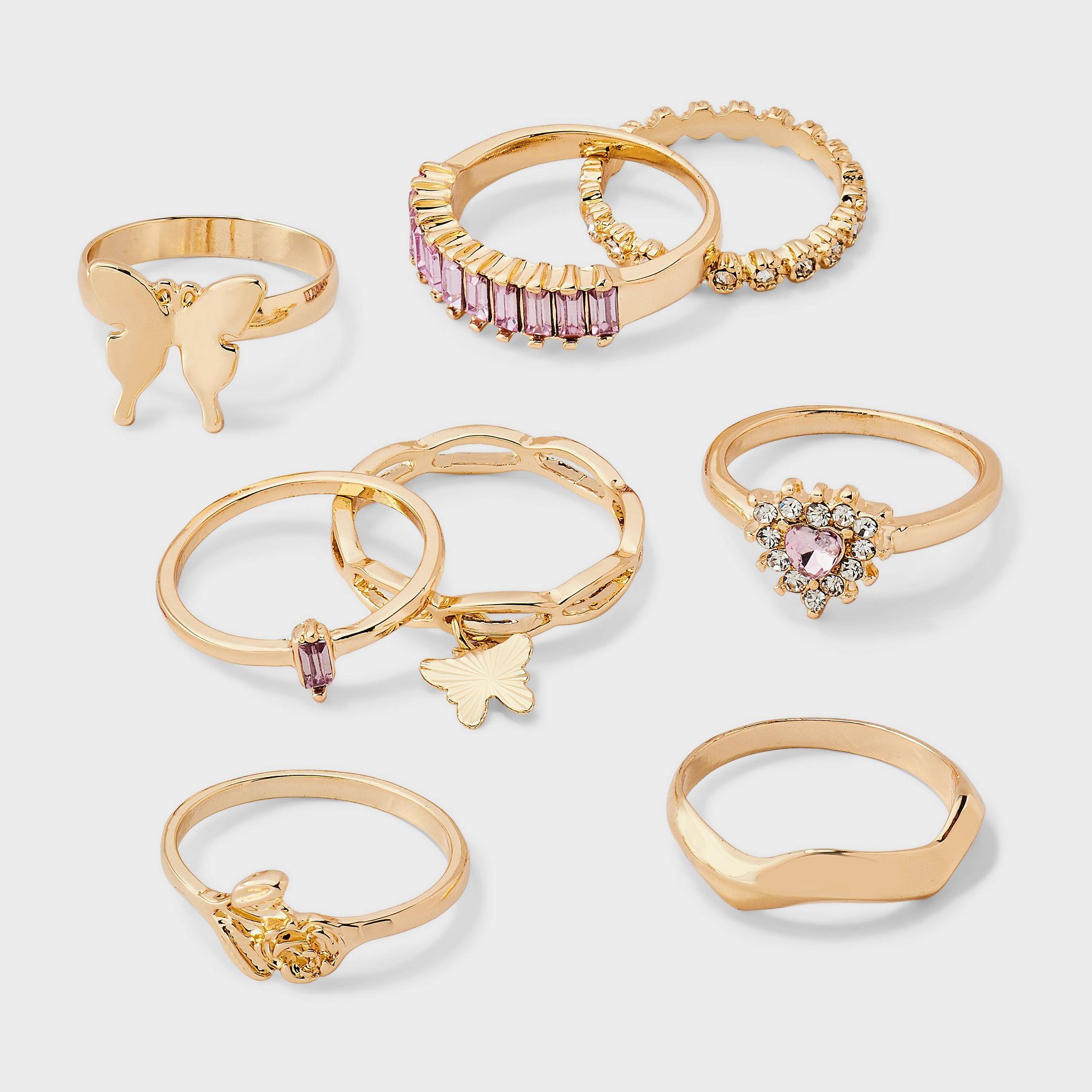 Crystal & Butterfly Ring 8pc Set - Wild Fable™ Gold