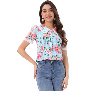INSPIRE CHIC Women's Peter Pan Collar Lace Trim Embroidered Casual Floral Blouse - 1 of 4