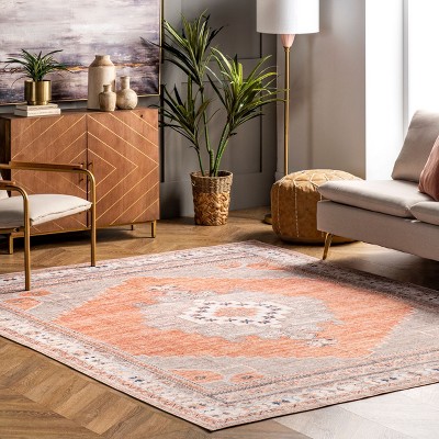 Alicia Gray and Rust Synthetic Medallion Washable 4' x 6' Area Rug