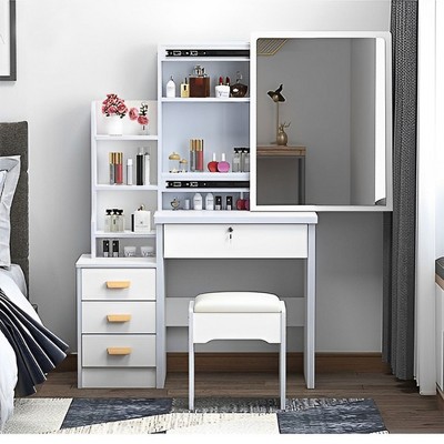 YONWAY Fashion Vanity Desk, 3 Lighting Mode, with Lights and Chair Vanity Table Set, for Bedroom