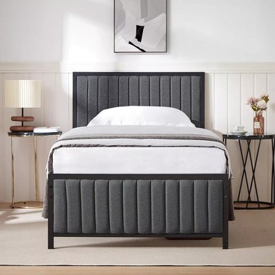 VECELO Upholstered Bed Frame with Headboard & Footboard, Heavy Duty Steel Slats, No Box Spring Needed