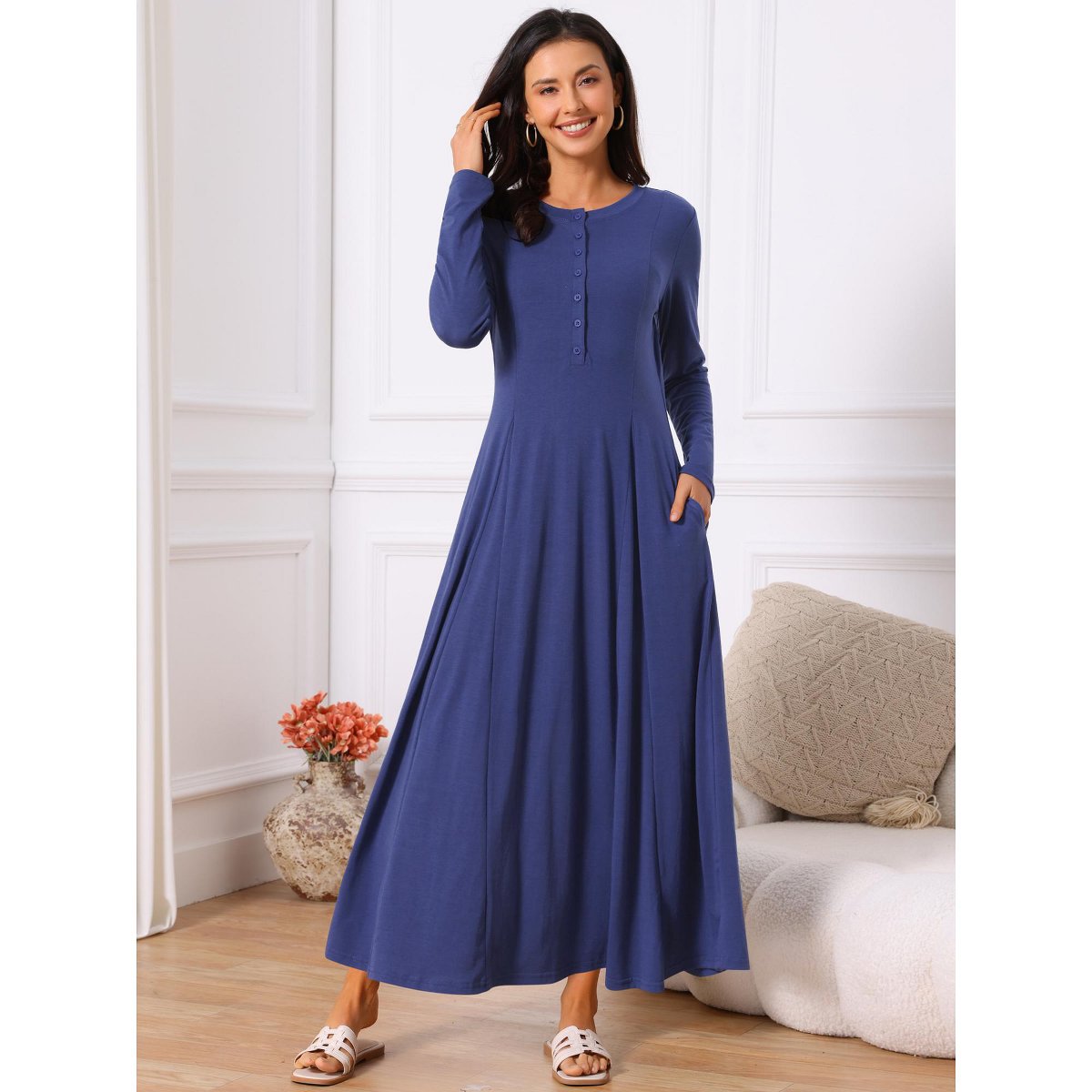 Женские платья INSPIRE CHIC Women's Fall Long Button Down Long Sleeve Flowy A-Line Maxi Dress with Pockets Deep Blue X-Large — фото 3