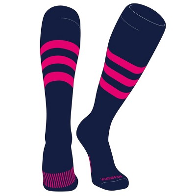 PEAR SOX Striped OTC Baseball, Softball, Football Socks (A) Navy, Hot Pink