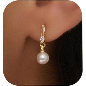 Pearl Earrings: 14k Gold-plated Cubic Zirconia Accented Pearl Drop Dangle Wedding Engagement Earrings For Women Bridal Bridesmaid - 1 of 4