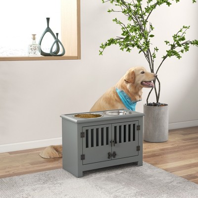 Gray Stainless Steel Elevated Dog Bowls with Storage Cabinet