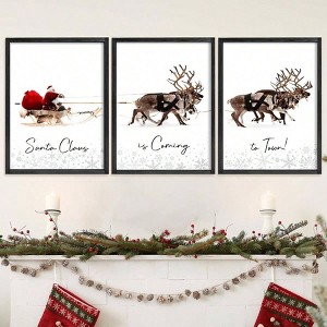 Wall Art Prints Set of 3 Santa Claus with Sleigh Deer Home Decor Xmas Sign 12x16in Black Matte Finish Rustic Style Christmas - 1 of 4