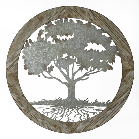 Luxenhome Metal Tree Of Life With Roots Wall Decor With Round Wood ...