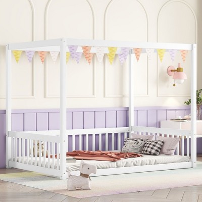 CAVINAS Twin Size Canopy Bed Modern Pine Bed Frame with Guardrail for Bedroom, without Slats